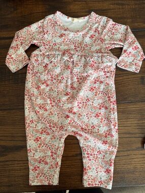 Mabel and Honey Floral Ruffle Romper in Coral & Cream